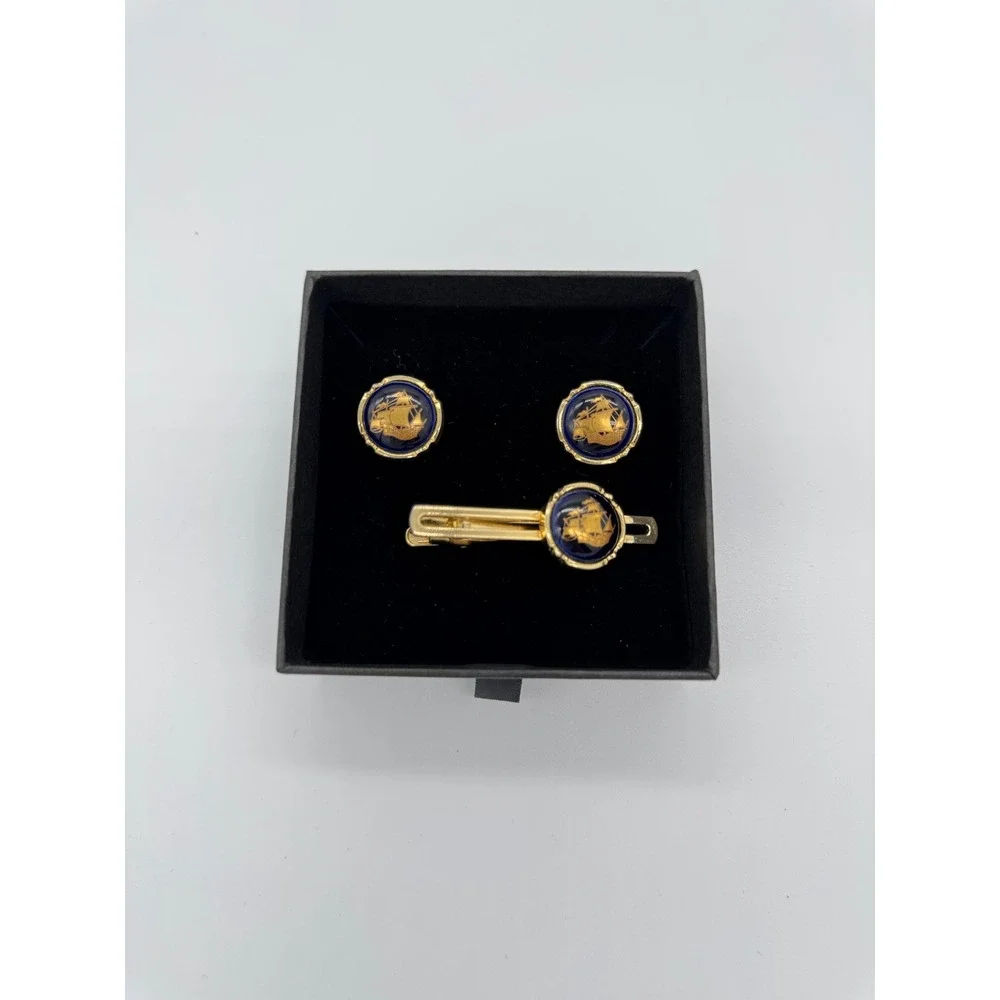 Limoges castel France cufflinks &  tie clip  Gold Tone Blue ship‎ nautical Set